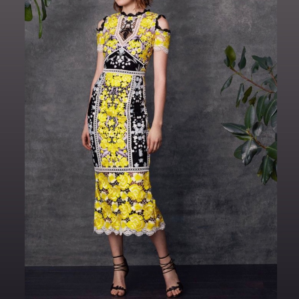 Marchesa Notte Cold-shoulder Embroidered Guipure Lace Midi Dress  Yellow Sz 12